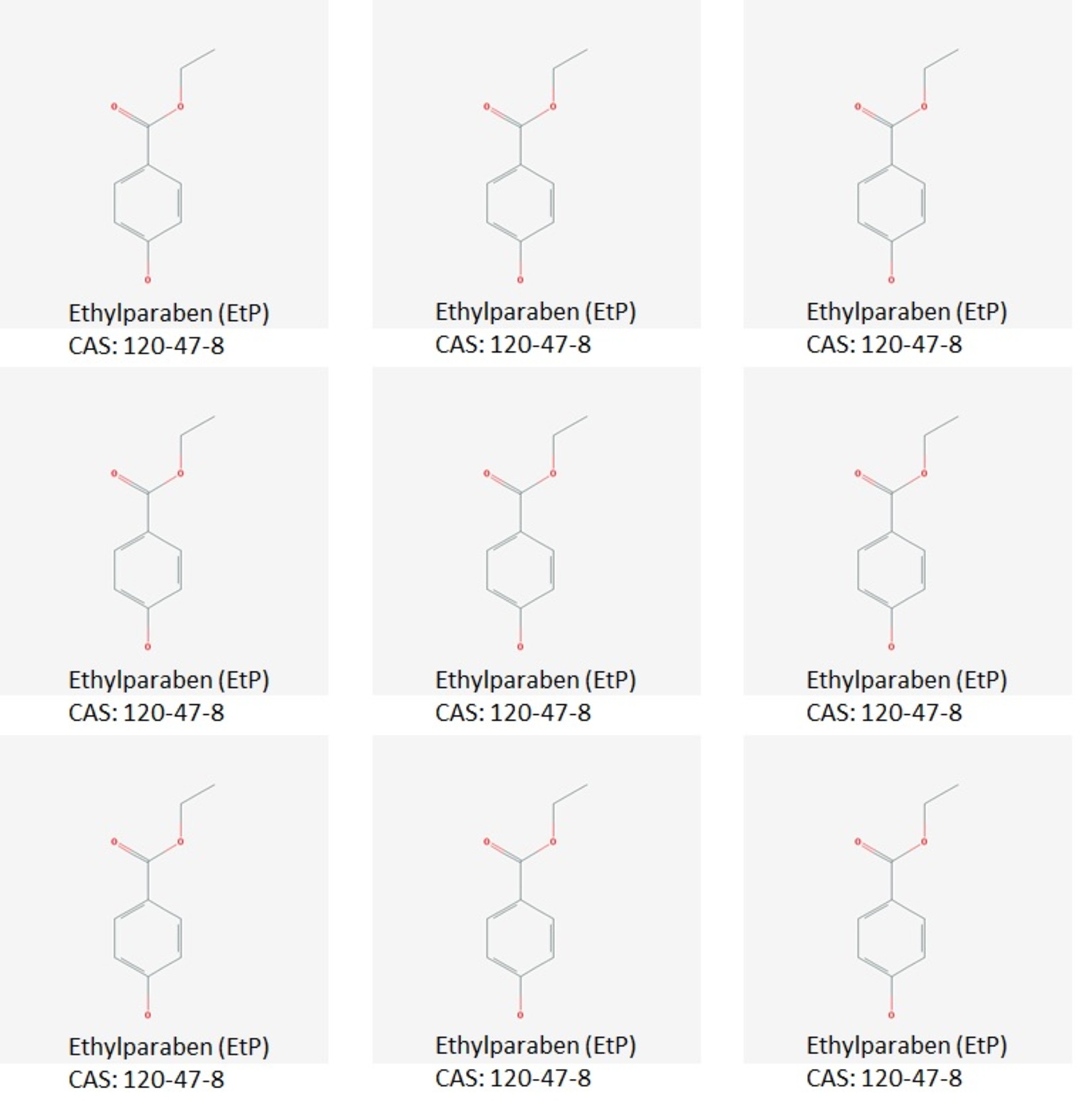 Strukturen von Methylparaben, Ethylparaben, iso-Propylparaben,  n-Propylparaben, iso-Butylparaben, n-Butylparaben, Pentylparaben,  Heptylparaben, Benzylparaben